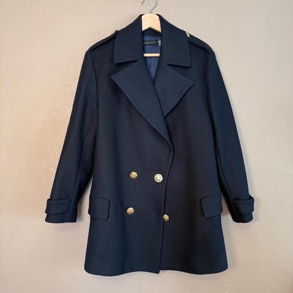 Zara Women's Navy Wool Double-Breasted Peacoat with Gold Buttons Size Large - Picture 3 of 14